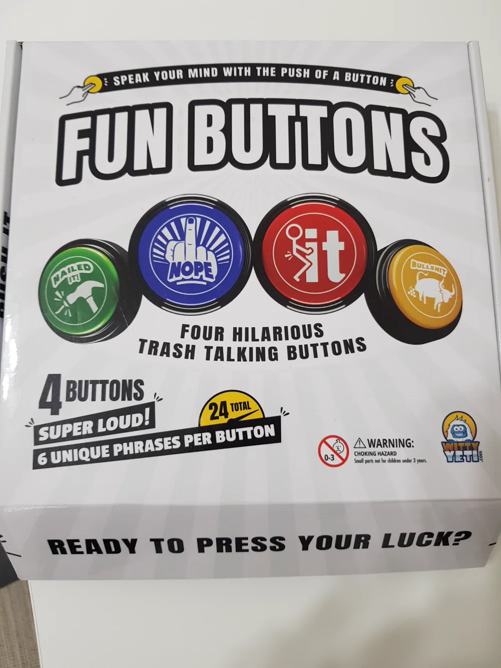 Fun Buttons product box: four trash-talking novelty buttons by Witty Yeti