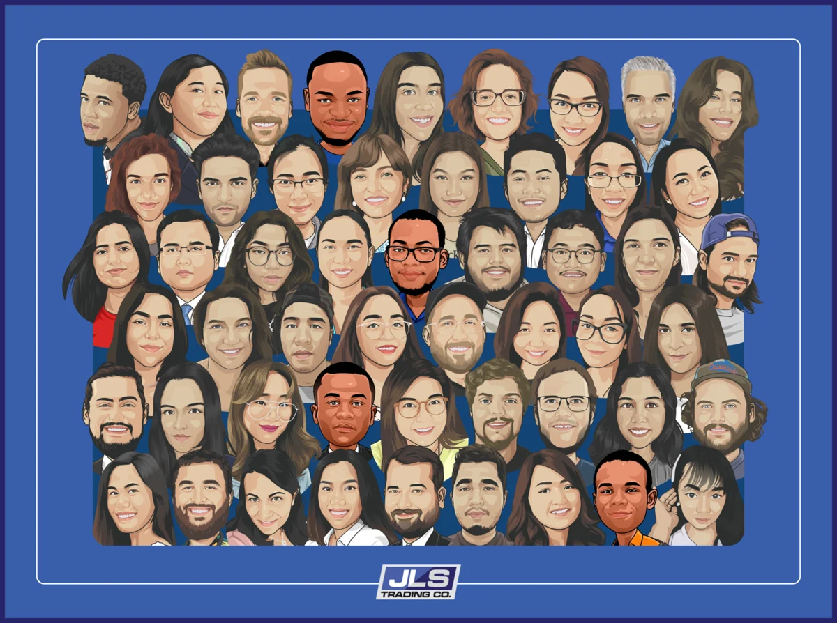 Stylized illustration of JLS Trading Co team members on a blue background