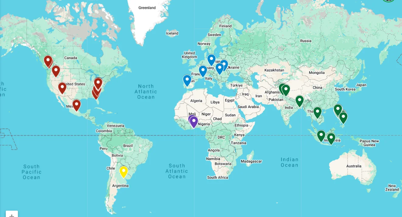 World map showing individual JLS employee locations: 24 in North America, 5 in Europe, 23 in Asia, 4 in Africa, 2 in South America