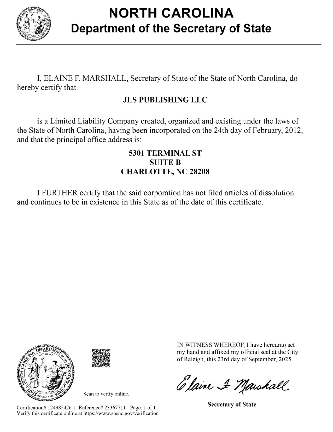 Full scan of NC Certificate of Existence for JLS Publishing LLC