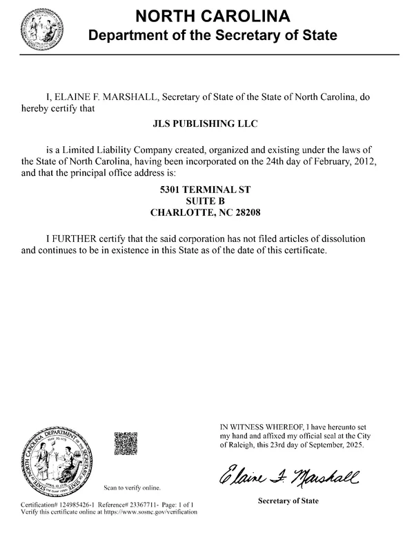 Thumbnail of NC Secretary of State, Certificate of Existence