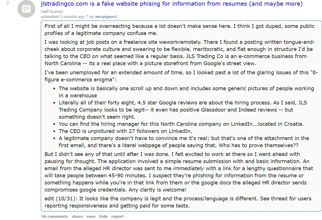 Reddit post by u/aeropigeon1 titled 'jlstradingco.com is a fake website phishing for information from resumes'